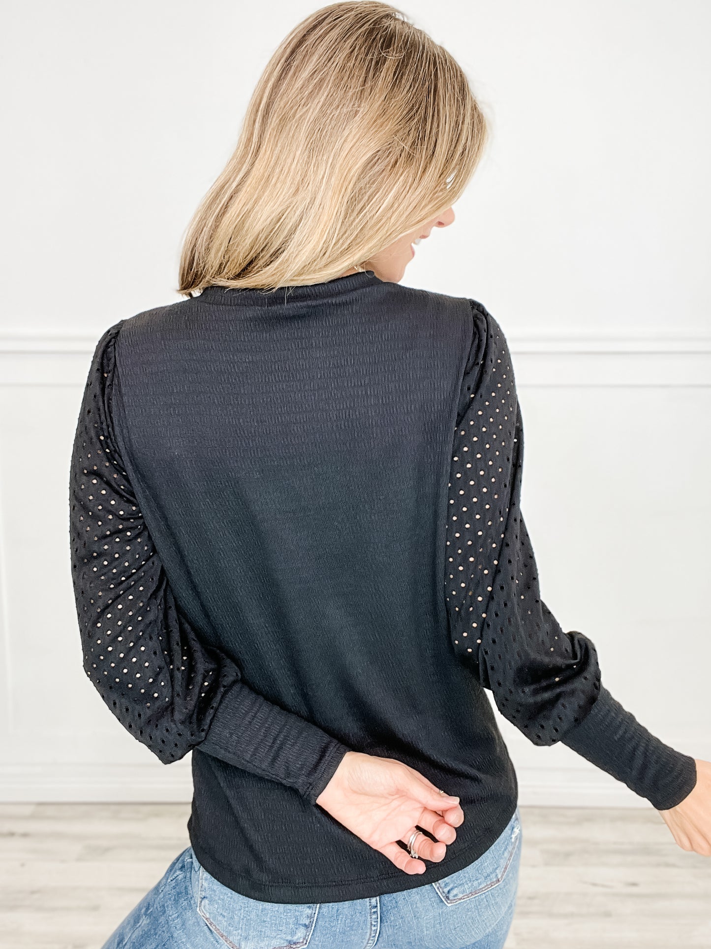 Puff Eyelet Crew  Neck Top