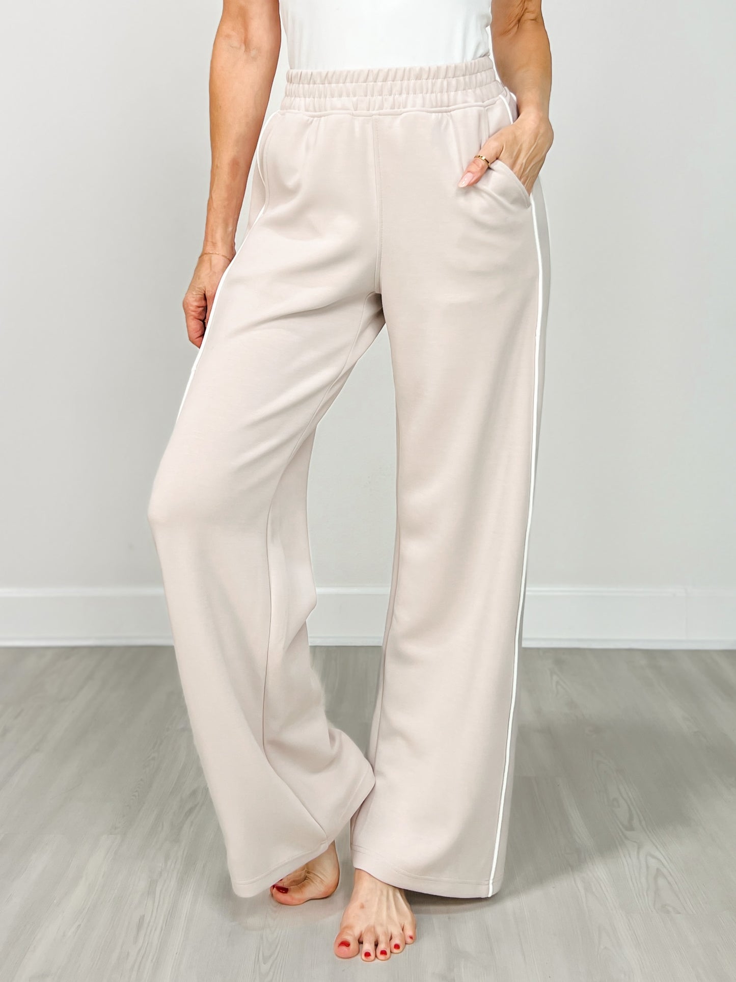 Modal Scuba Stripe Piping Straight Pant in Mocha Cream