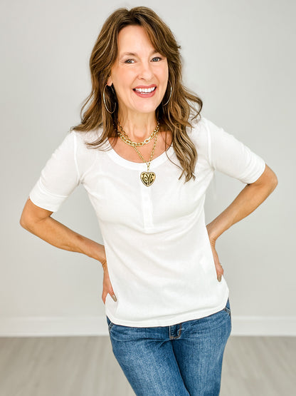 Classic Ribbed Cotton Short Sleeve Henley Neck Top