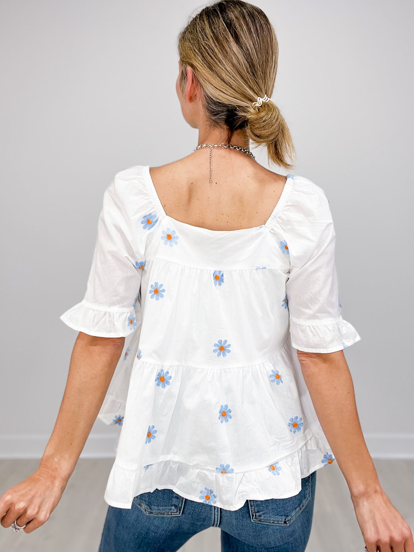 All Over Daisy Embroidered Square Neck Top