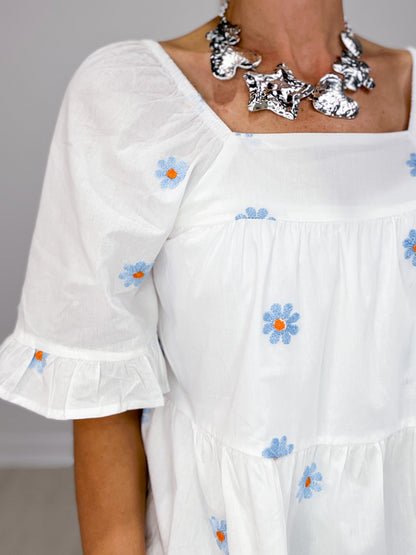 All Over Daisy Embroidered Square Neck Top