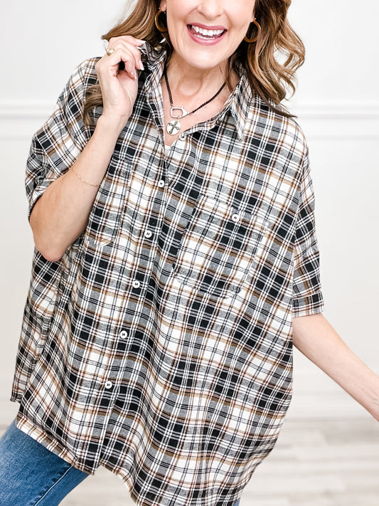 Plaid Button Closure Collared Loose Fit Top