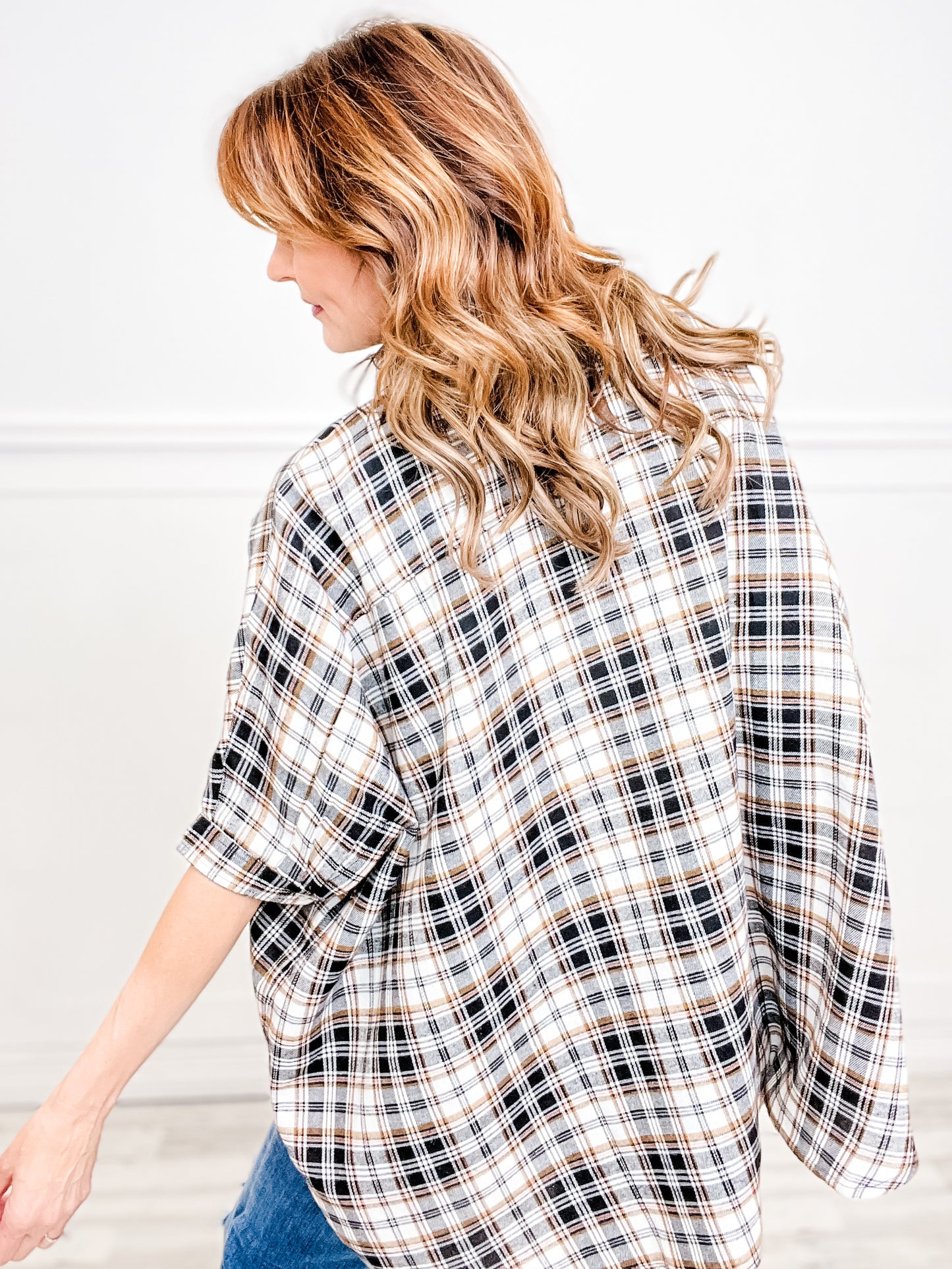 Plaid Button Closure Collared Loose Fit Top