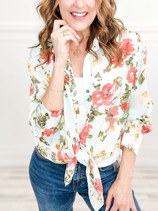 Long Sleeve Button Down Top in Floral Print