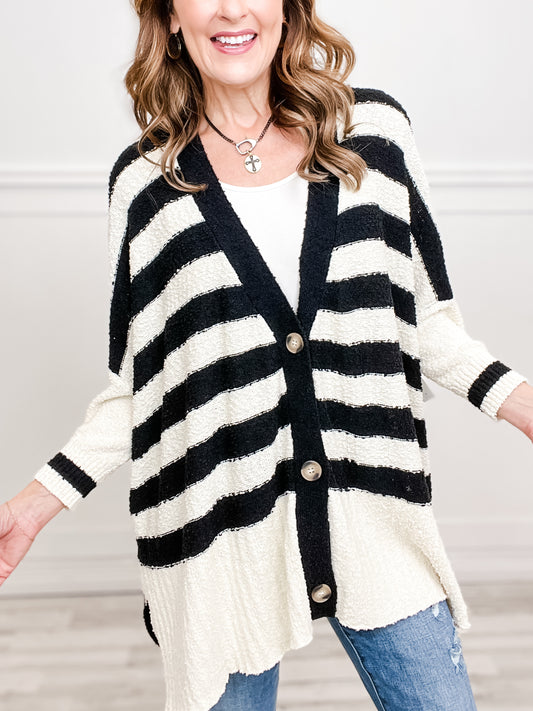 Textured Striped Button Down Loose Fit Cardigan