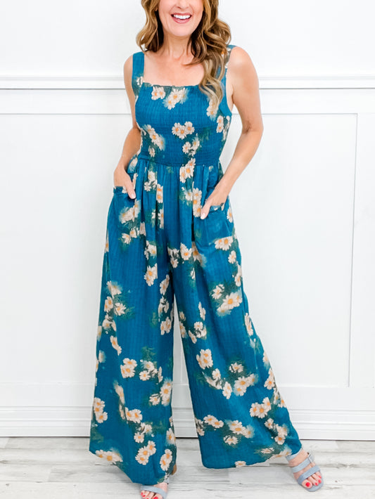 Sweet Summer Floral Ruffle Square Neck Smocked Bodice Jumpsuit