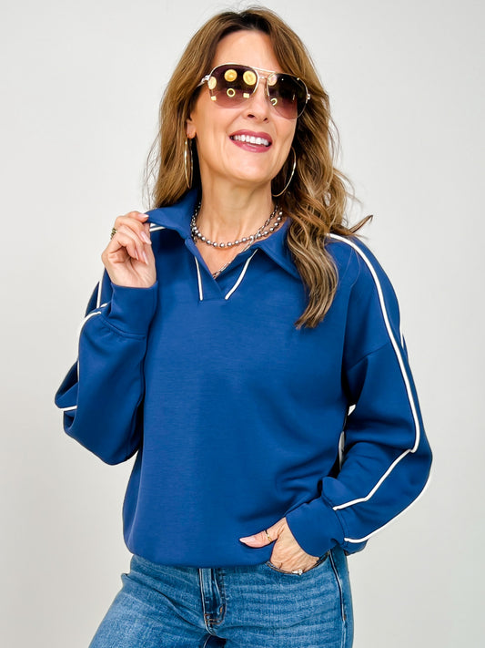 Modal Scuba Piping Polo Top in Smoky Navy Cream