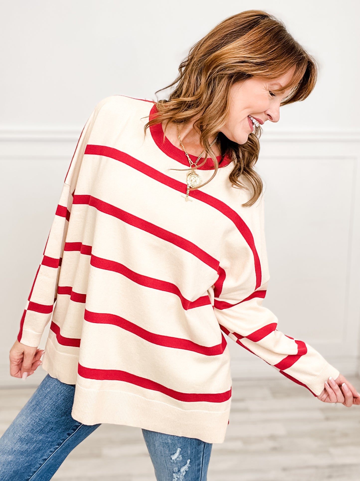 Striped Contrast Hi-Lo Hem Knit Sweater