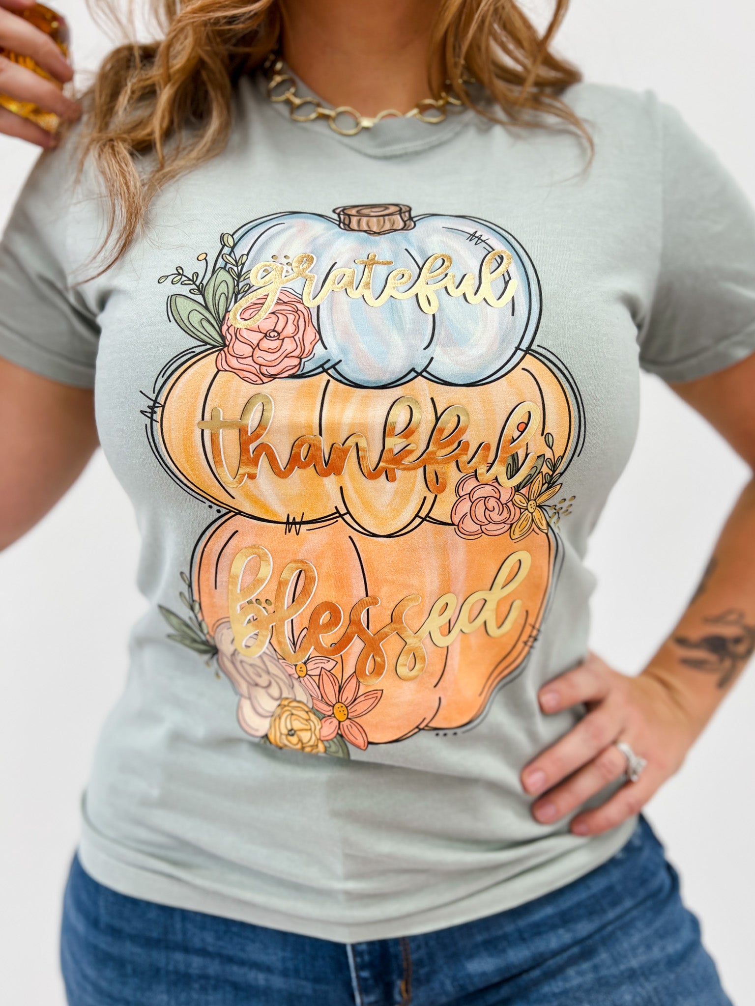 Grateful Thankful Blessed Gold Foil Graphic Tee