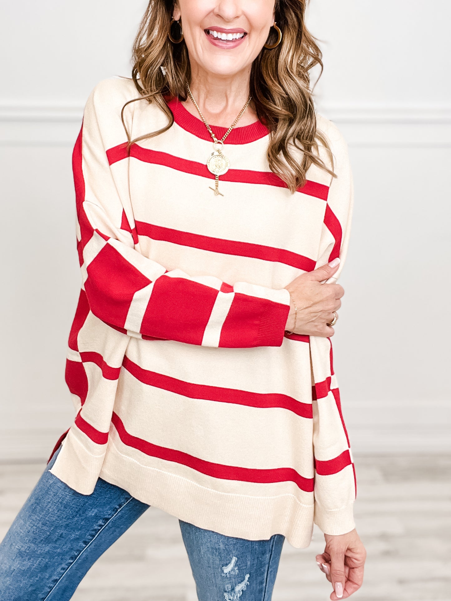 Striped Contrast Hi-Lo Hem Knit Sweater