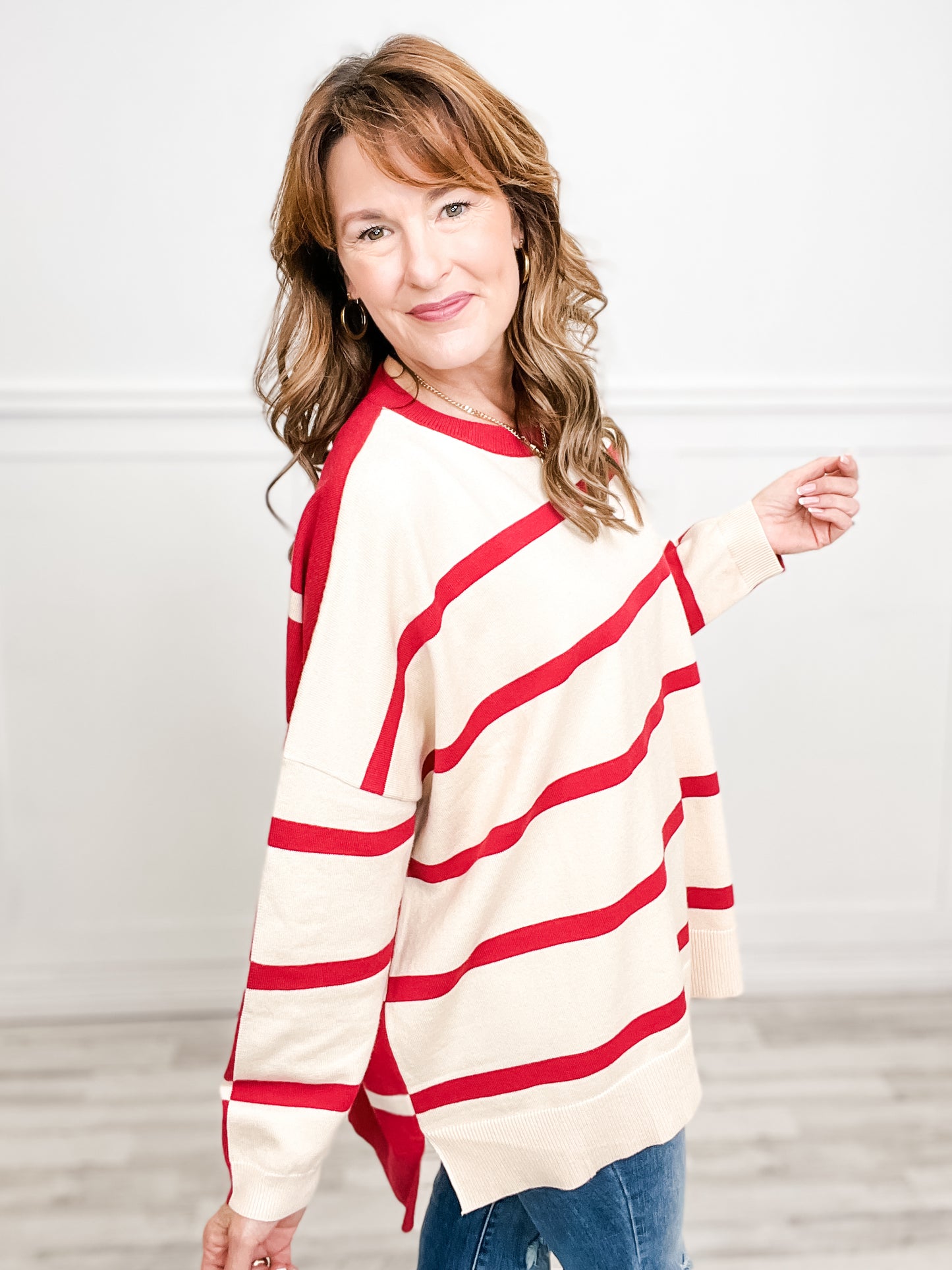 Striped Contrast Hi-Lo Hem Knit Sweater