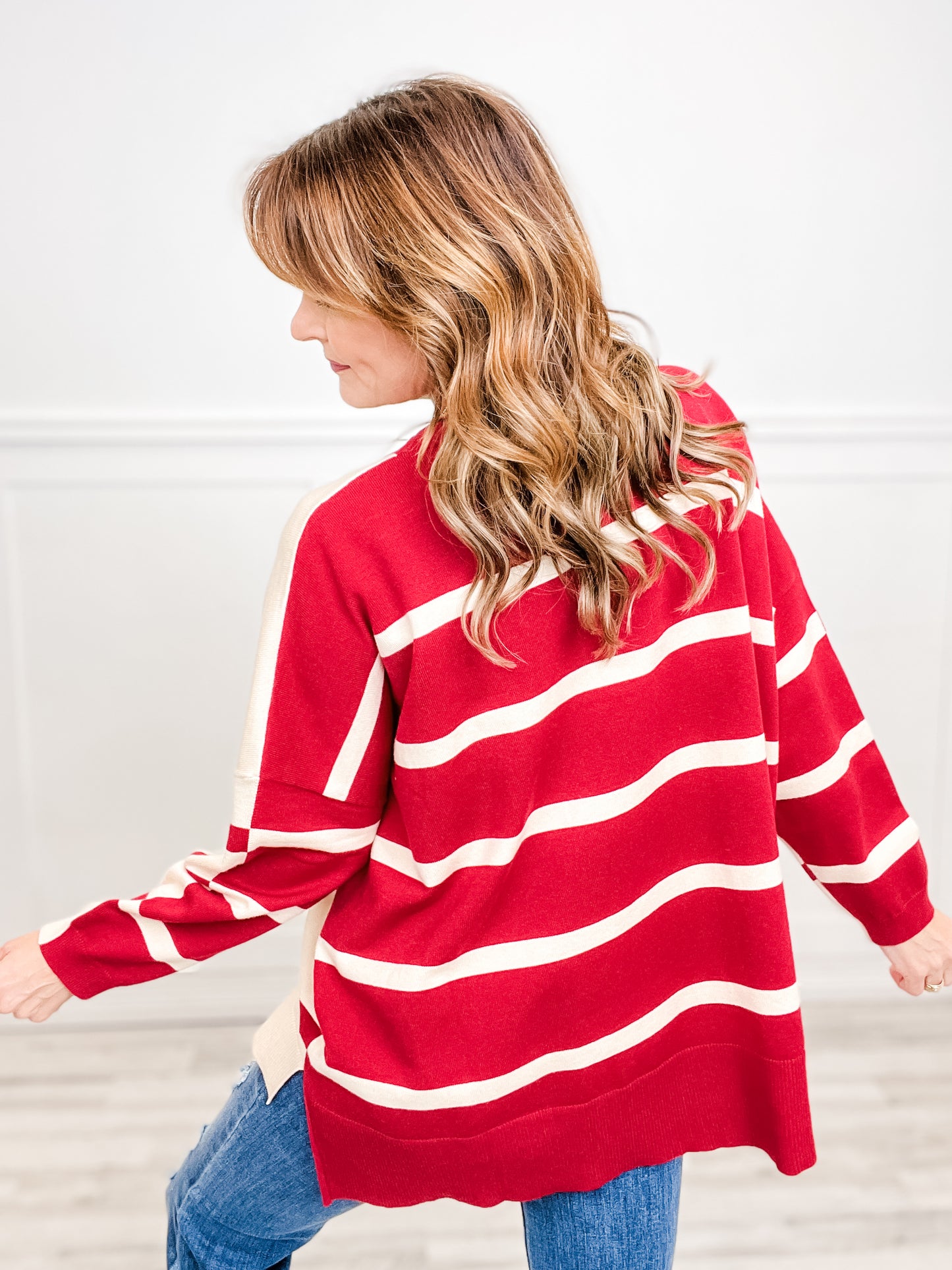 Striped Contrast Hi-Lo Hem Knit Sweater