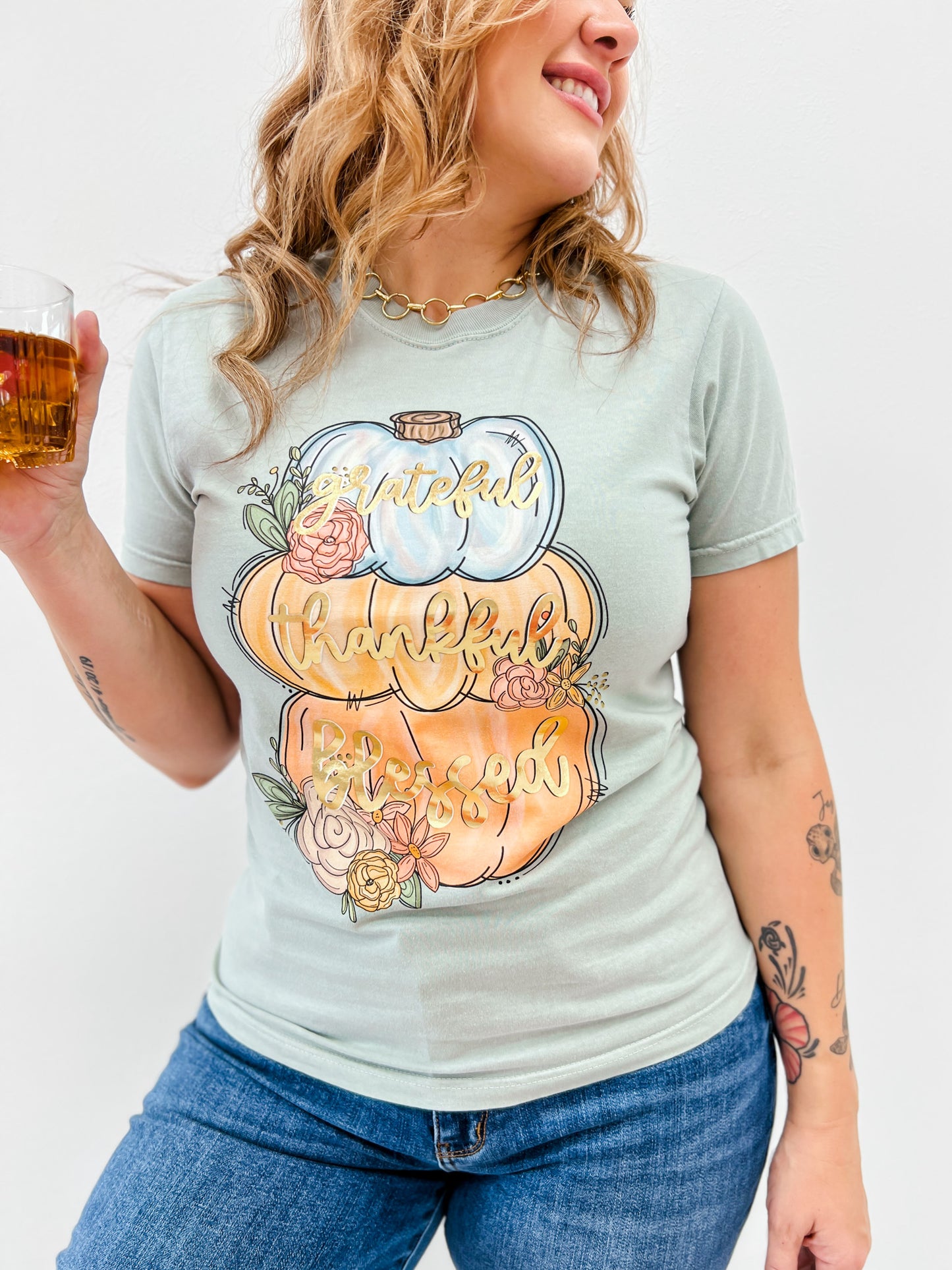 Grateful Thankful Blessed Gold Foil Graphic Tee