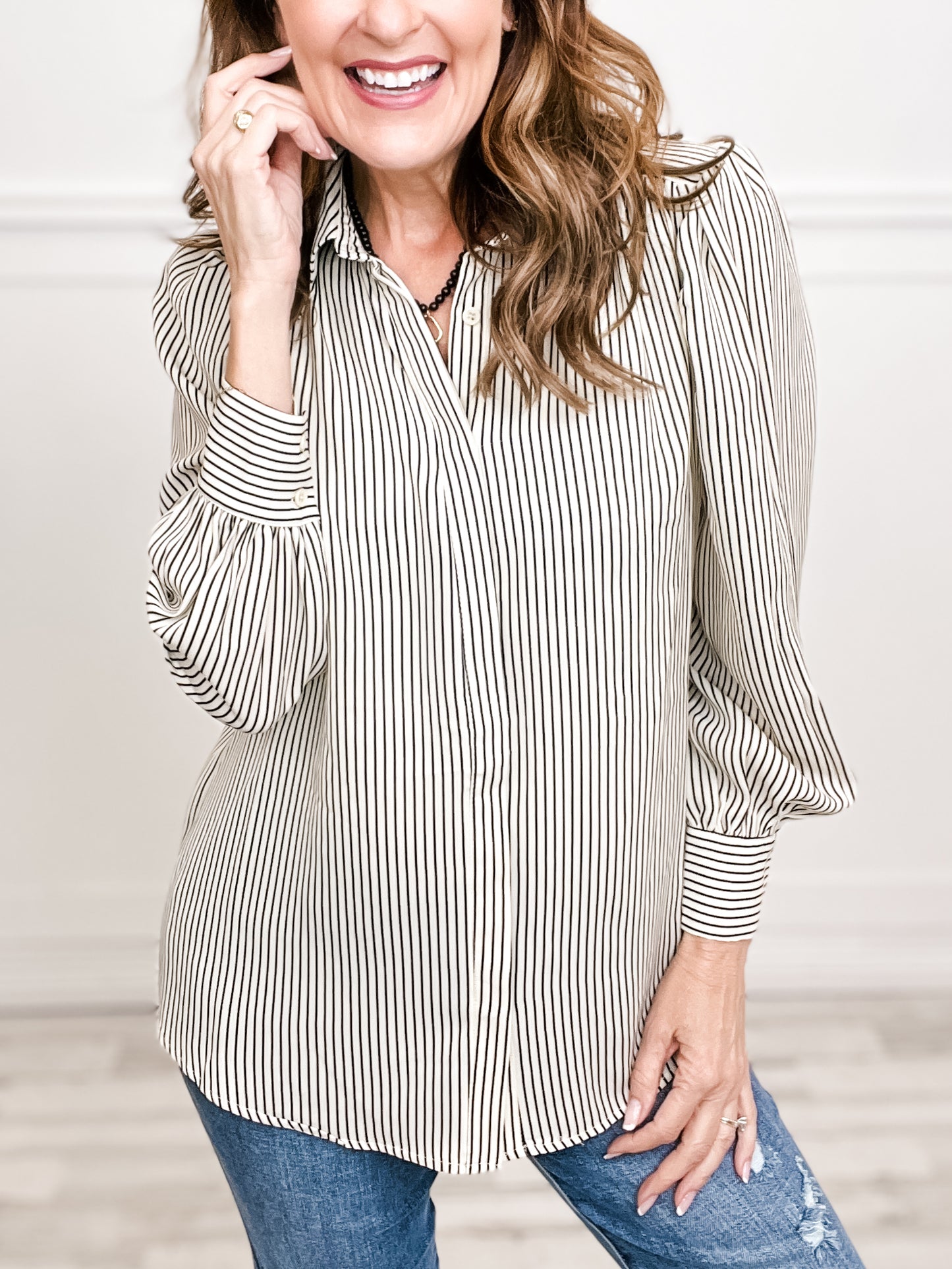 Striped Long Sleeve Hidden Button Down Collared Top