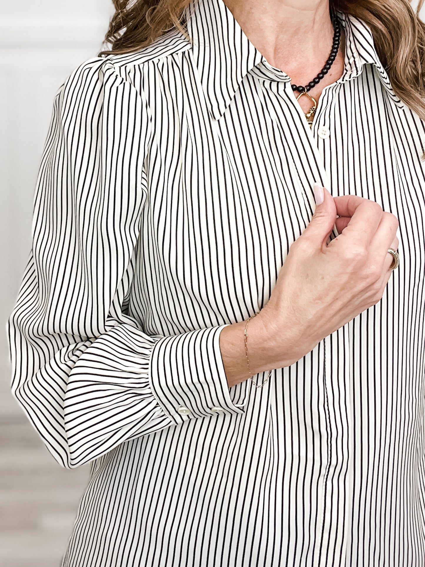 Striped Long Sleeve Hidden Button Down Collared Top