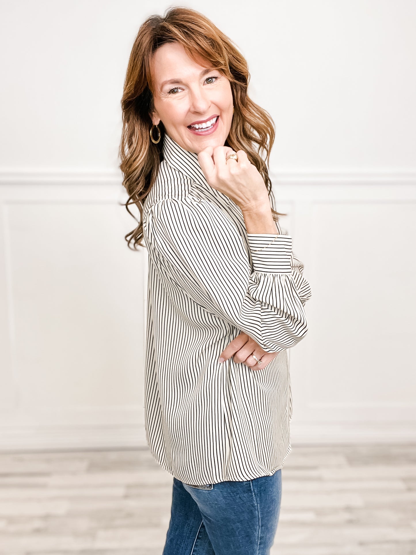 Striped Long Sleeve Hidden Button Down Collared Top