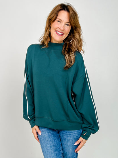 Modal Scuba Piping Mock Neck Top in Midnight Green Cream