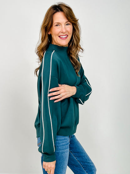 Modal Scuba Piping Mock Neck Top in Midnight Green Cream