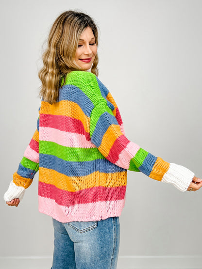 Multi Colored Stripe Chunky Sweater Cardigan