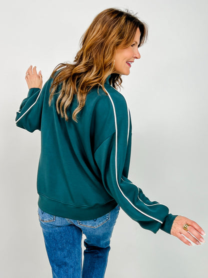 Modal Scuba Piping Mock Neck Top in Midnight Green Cream
