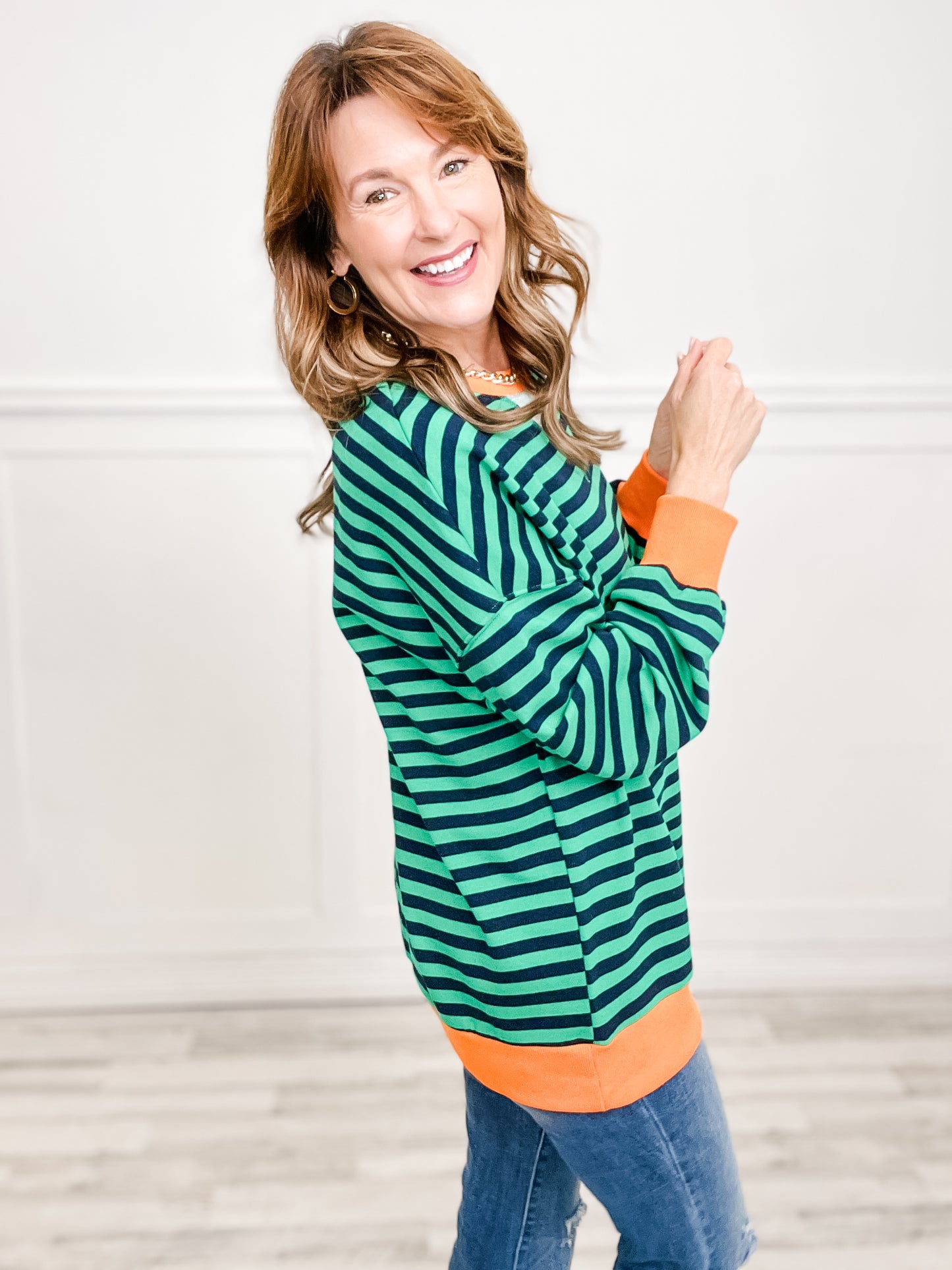 Contrast Hem Long Sleeve Striped Sweatshirt