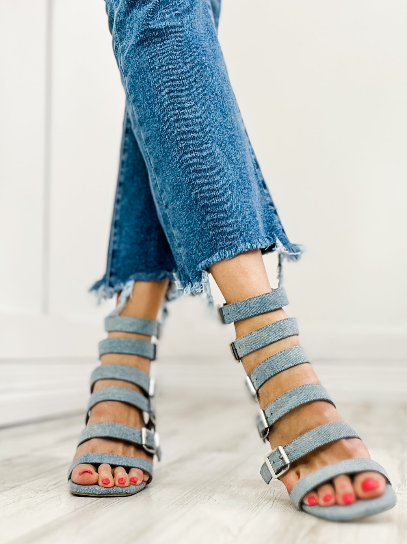 Corkys Buckle Down Block Heel Sandals in Denim - 30A