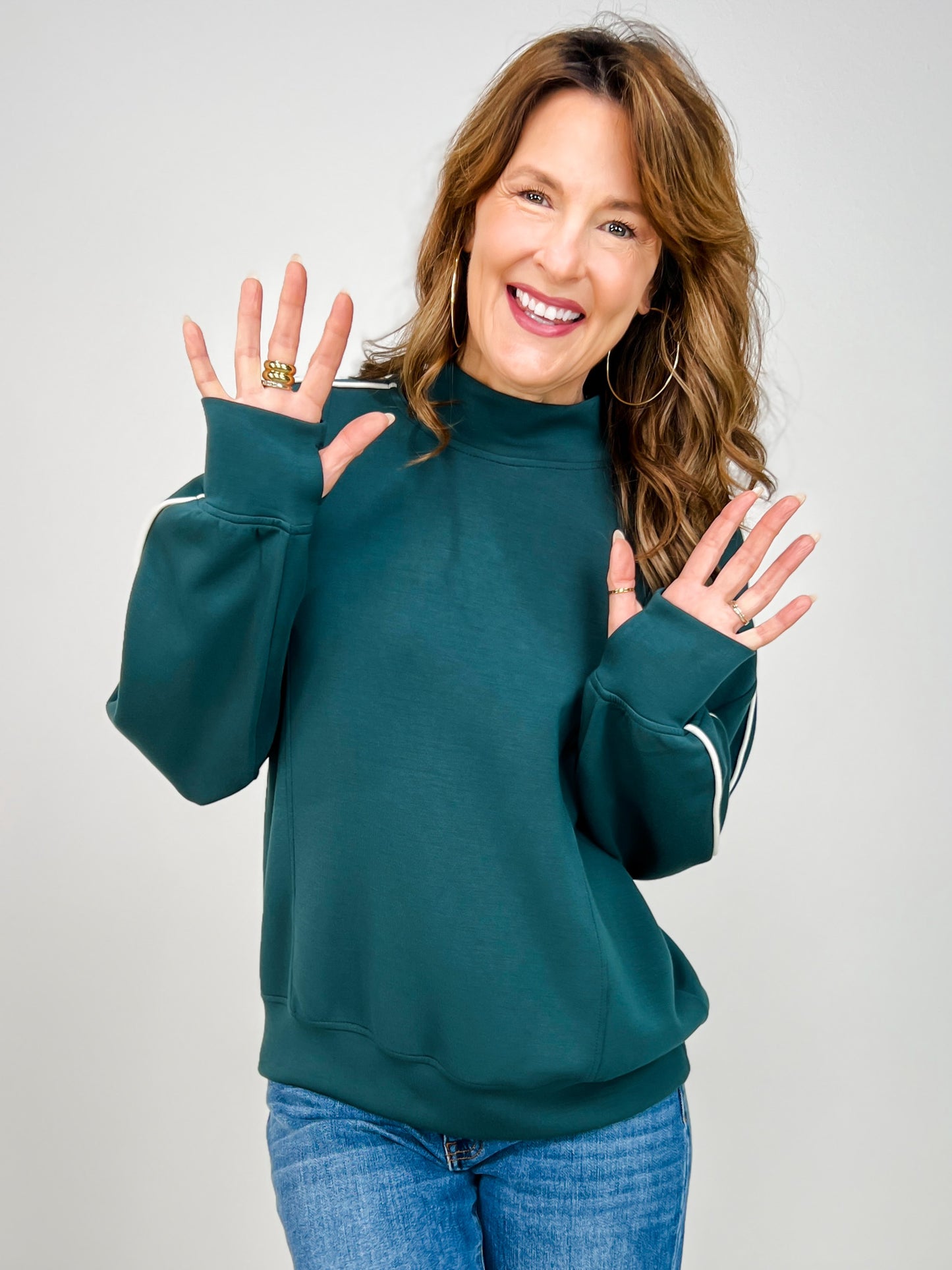 Modal Scuba Piping Mock Neck Top in Midnight Green Cream