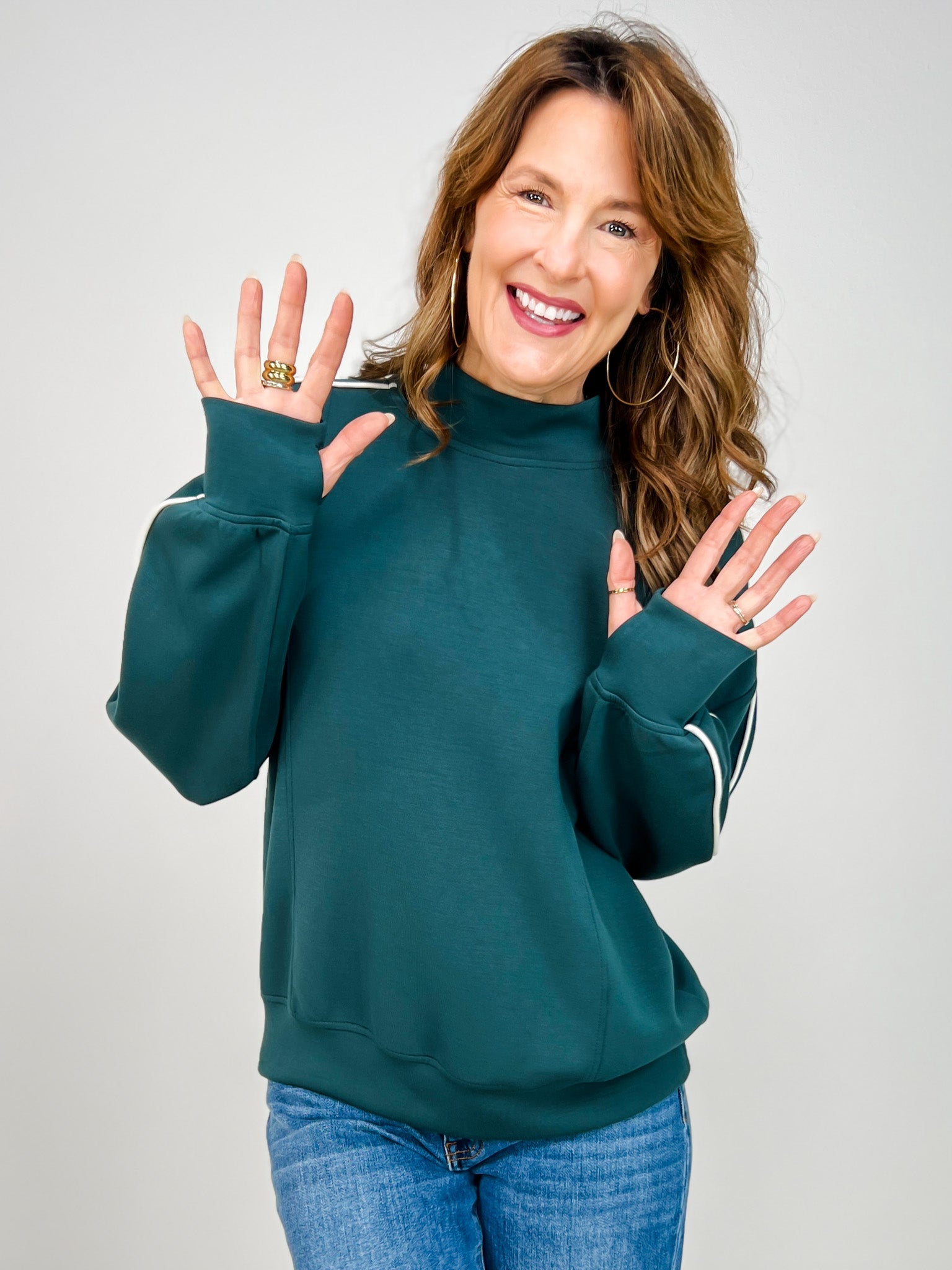 Modal Scuba Piping Mock Neck Top in Midnight Green Cream