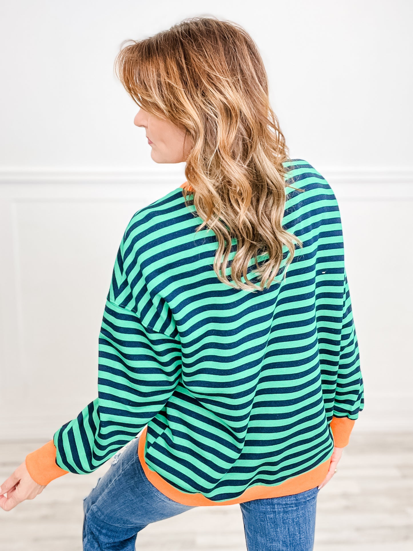 Contrast Hem Long Sleeve Striped Sweatshirt