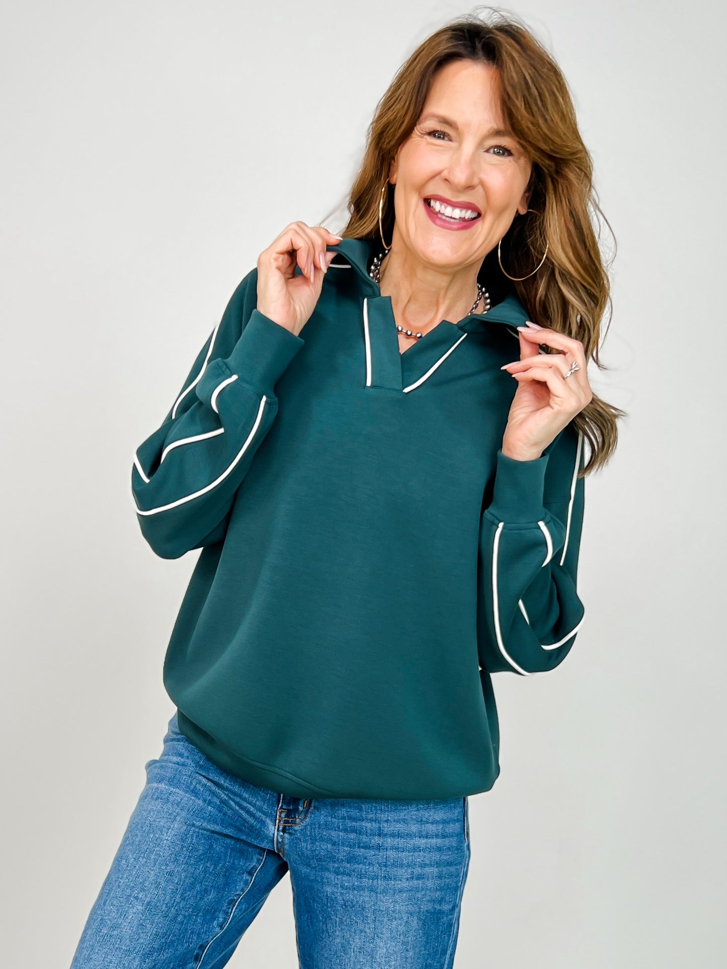 Modal Scuba Piping Polo Top in Midnight Green Cream
