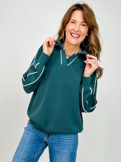 Modal Scuba Piping Polo Top in Midnight Green Cream