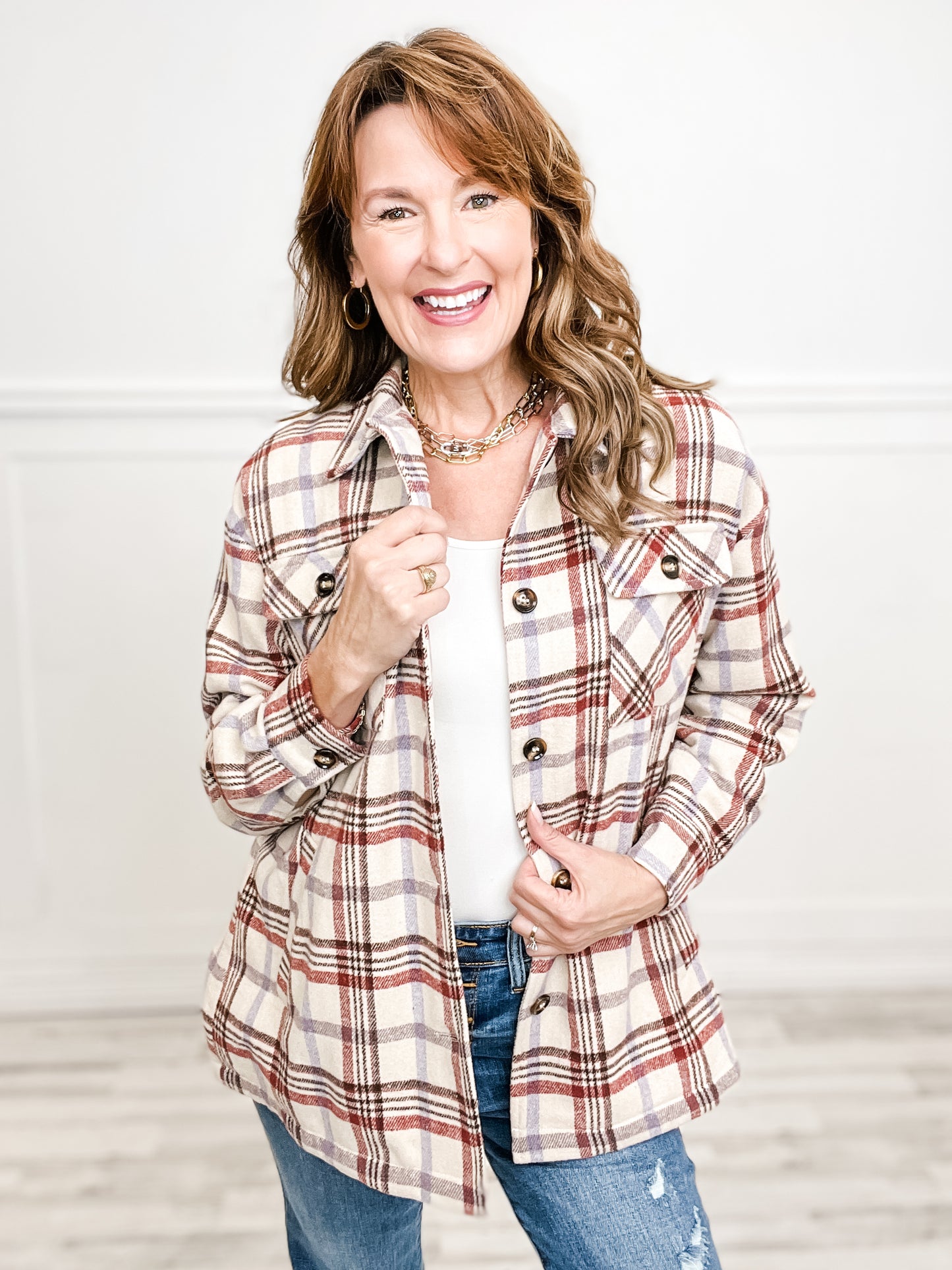 Plaid Button Closure Collared Button Down Shacket