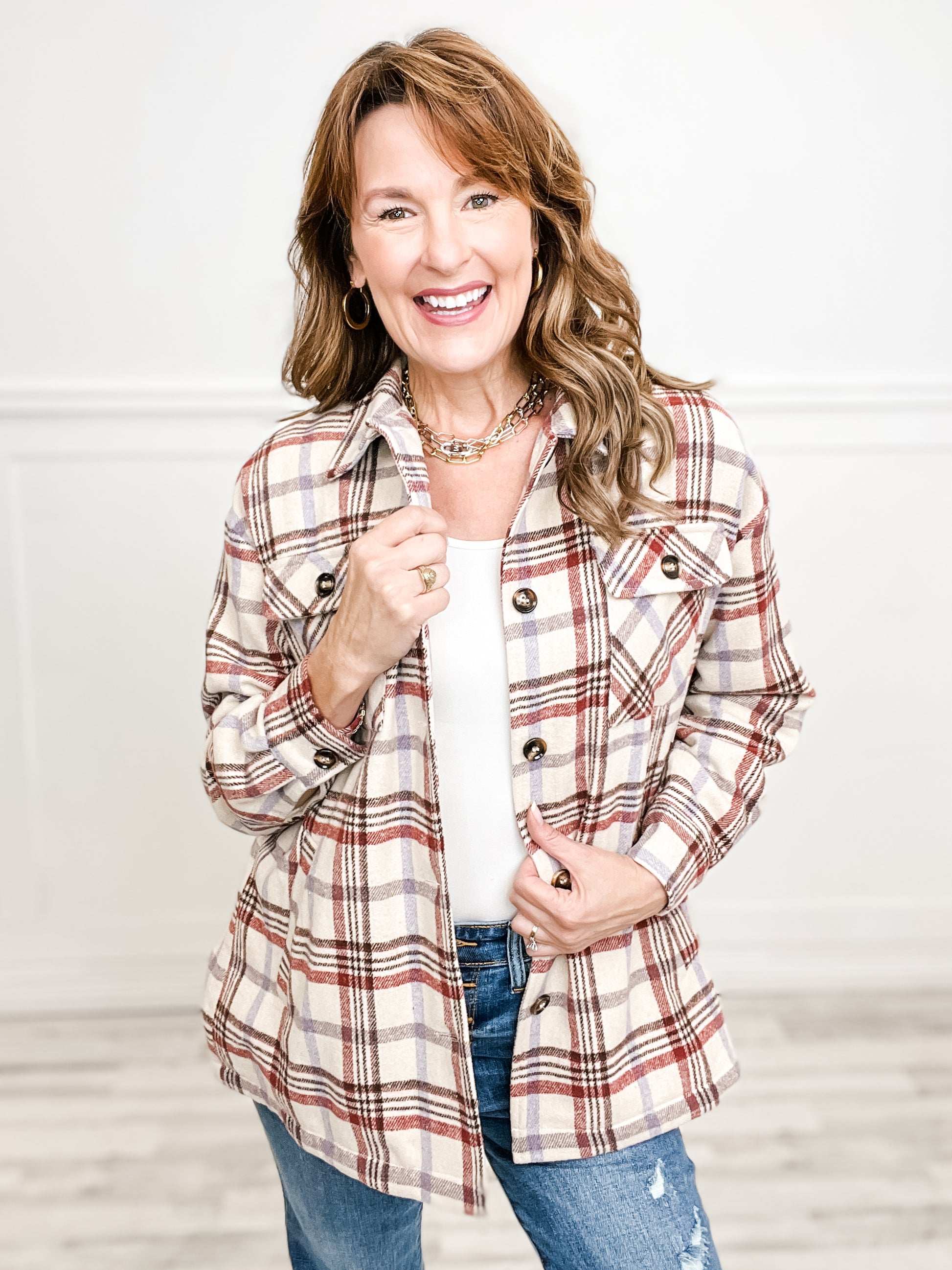 Plaid Button Closure Collared Button Down Shacket