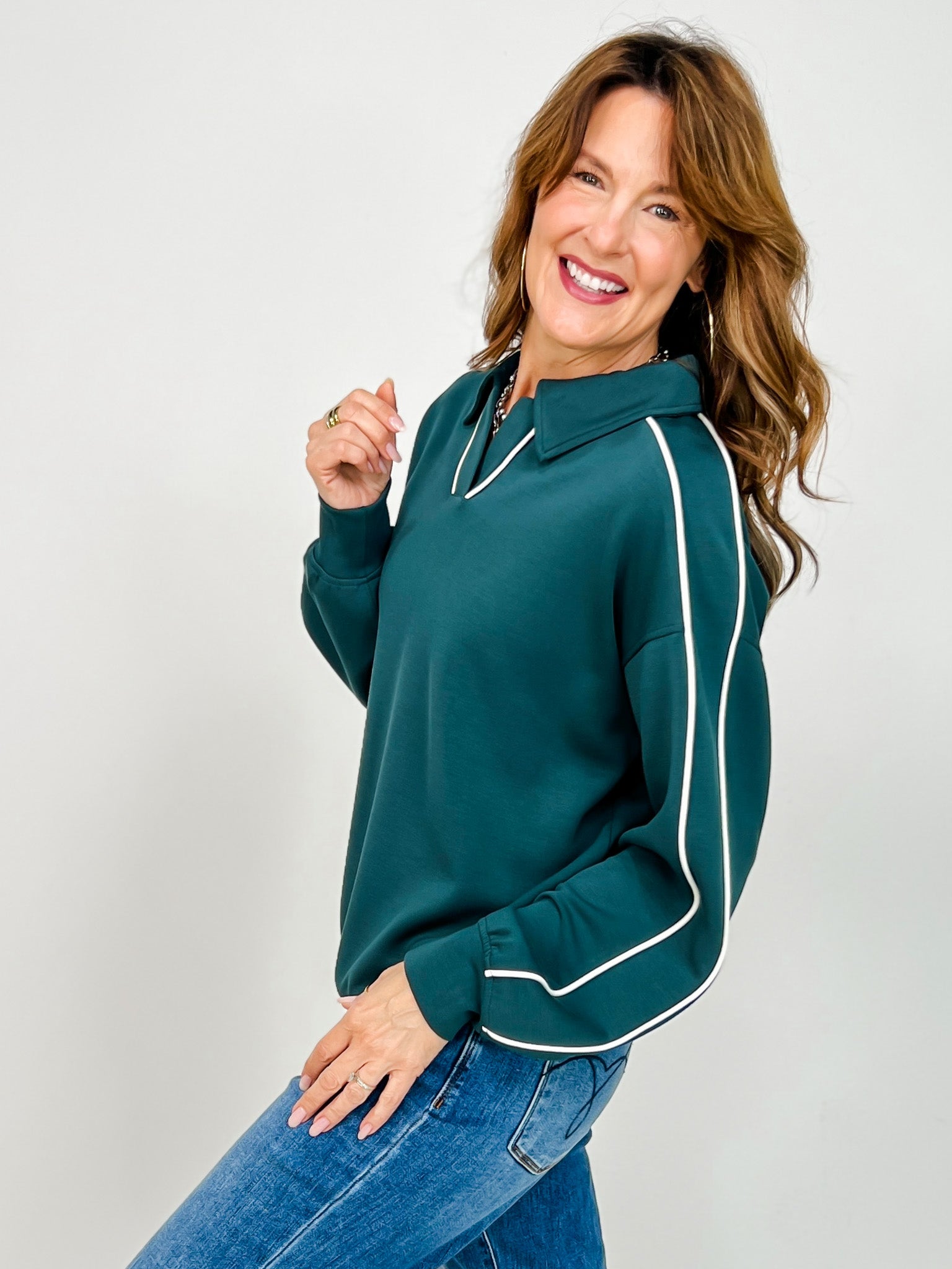 Modal Scuba Piping Polo Top in Midnight Green Cream