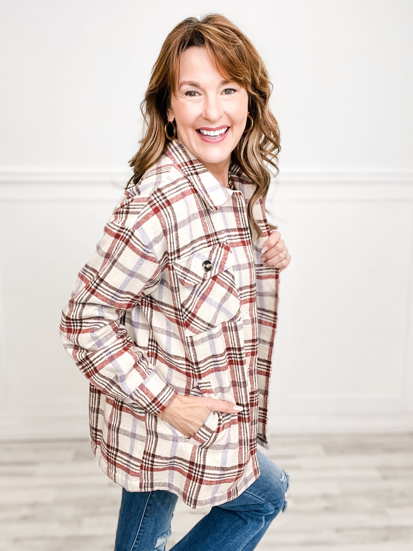 Plaid Button Closure Collared Button Down Shacket