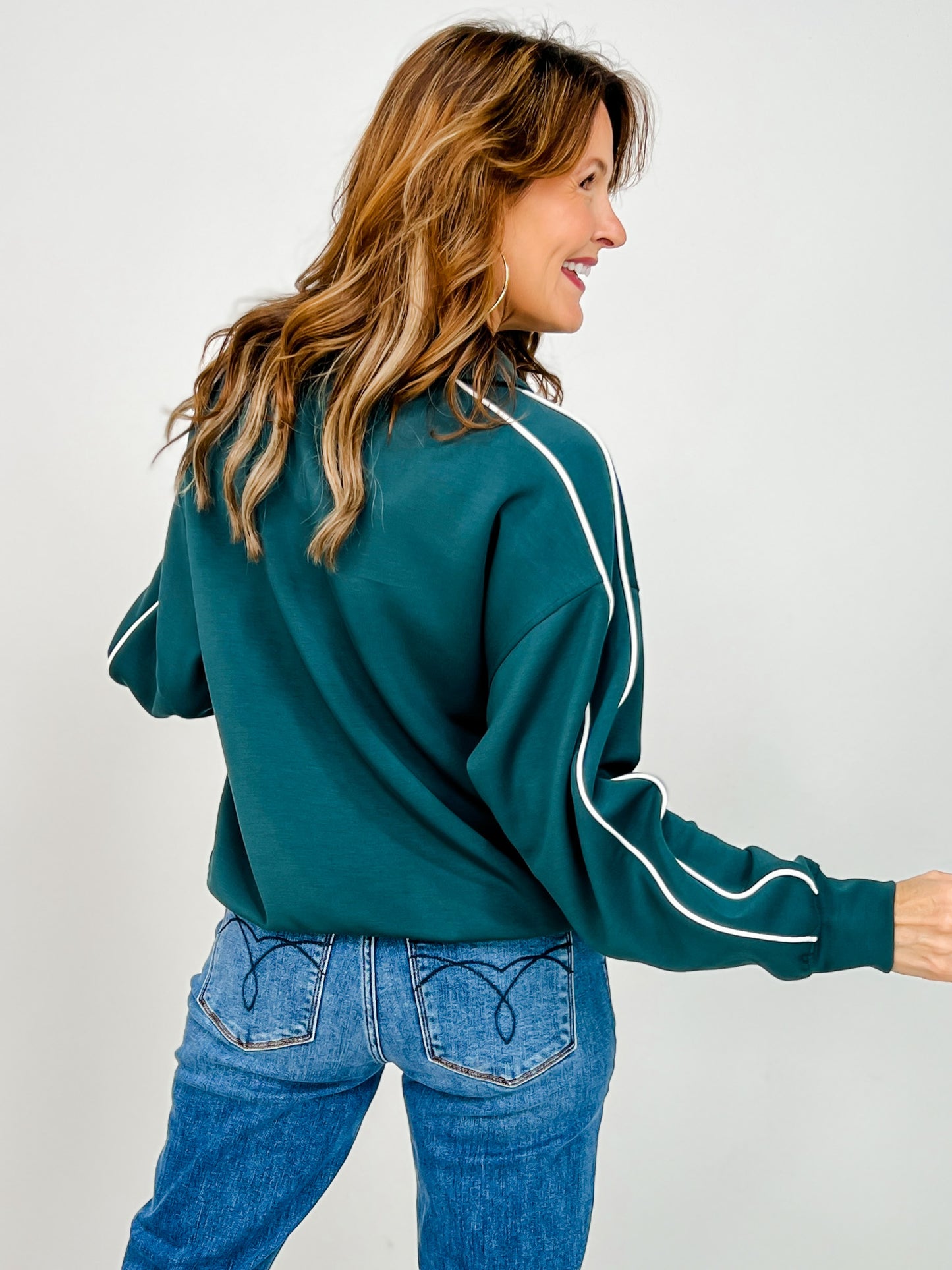 Modal Scuba Piping Polo Top in Midnight Green Cream