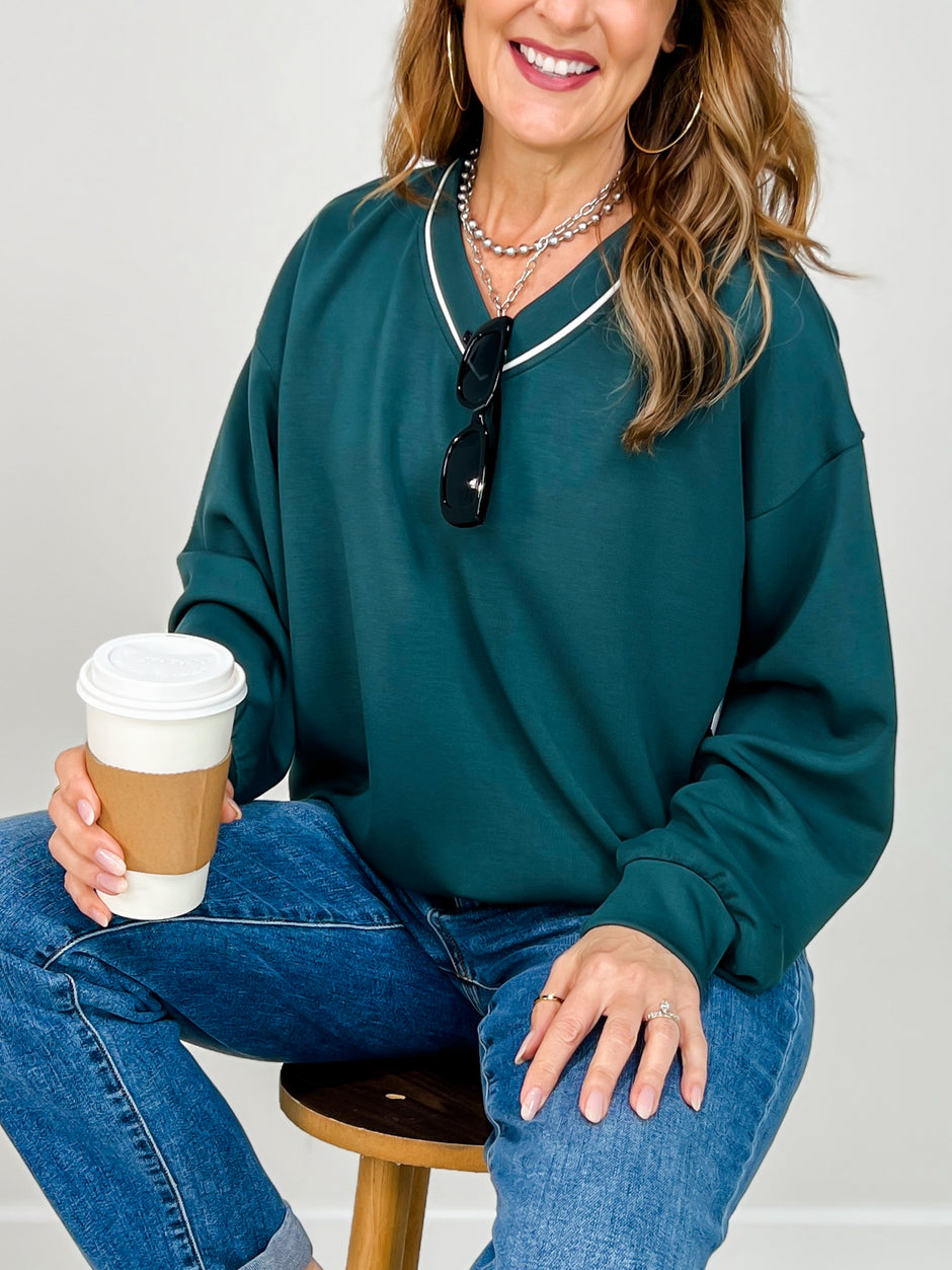 Modal Scuba Piping V-Neck Top in Midnight Green Cream