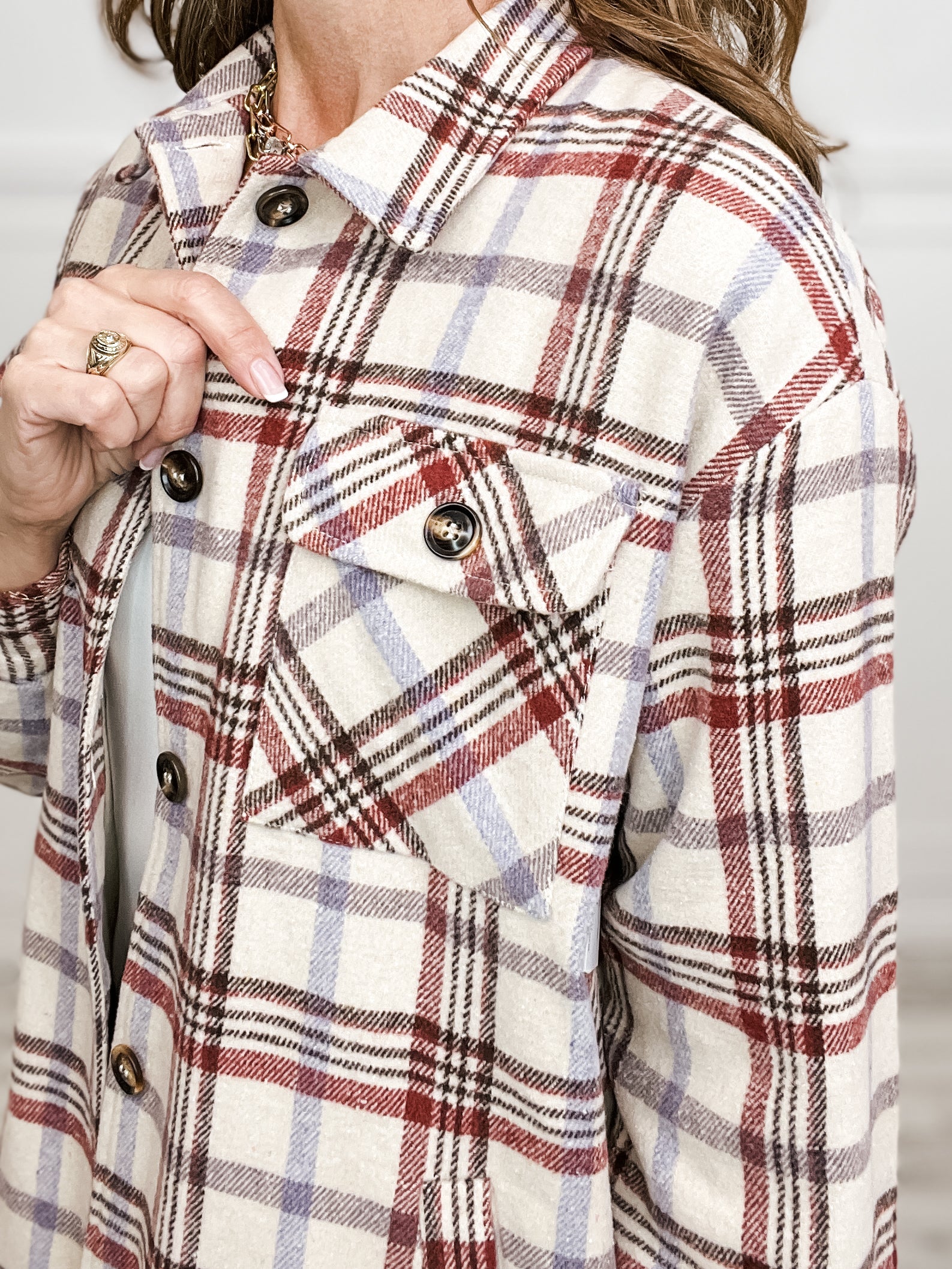 Plaid Button Closure Collared Button Down Shacket