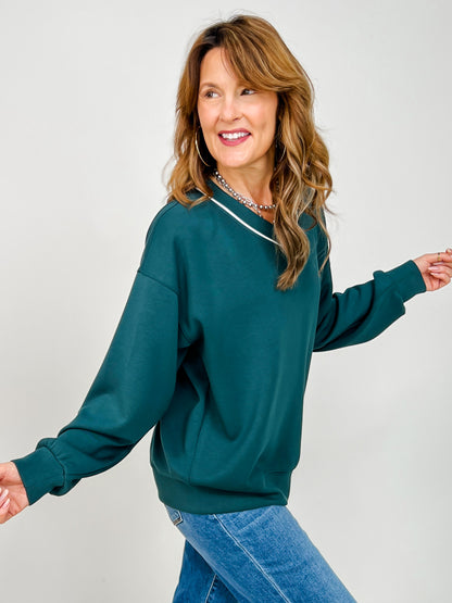 Modal Scuba Piping V-Neck Top in Midnight Green Cream