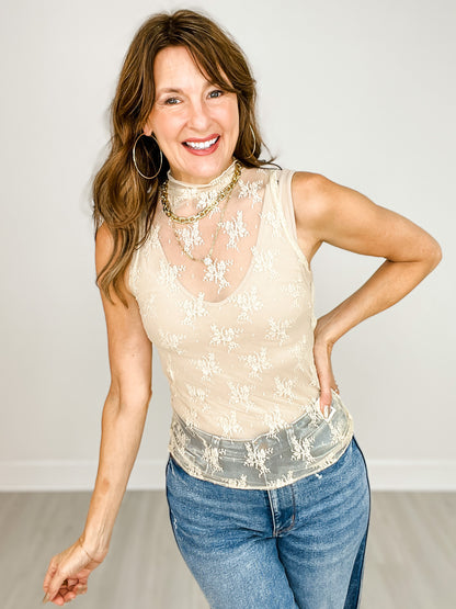High Neck Sheer Mesh Lace Fitted Knit Top