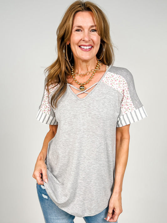 Crisscross Neck Floral And Stripe Top