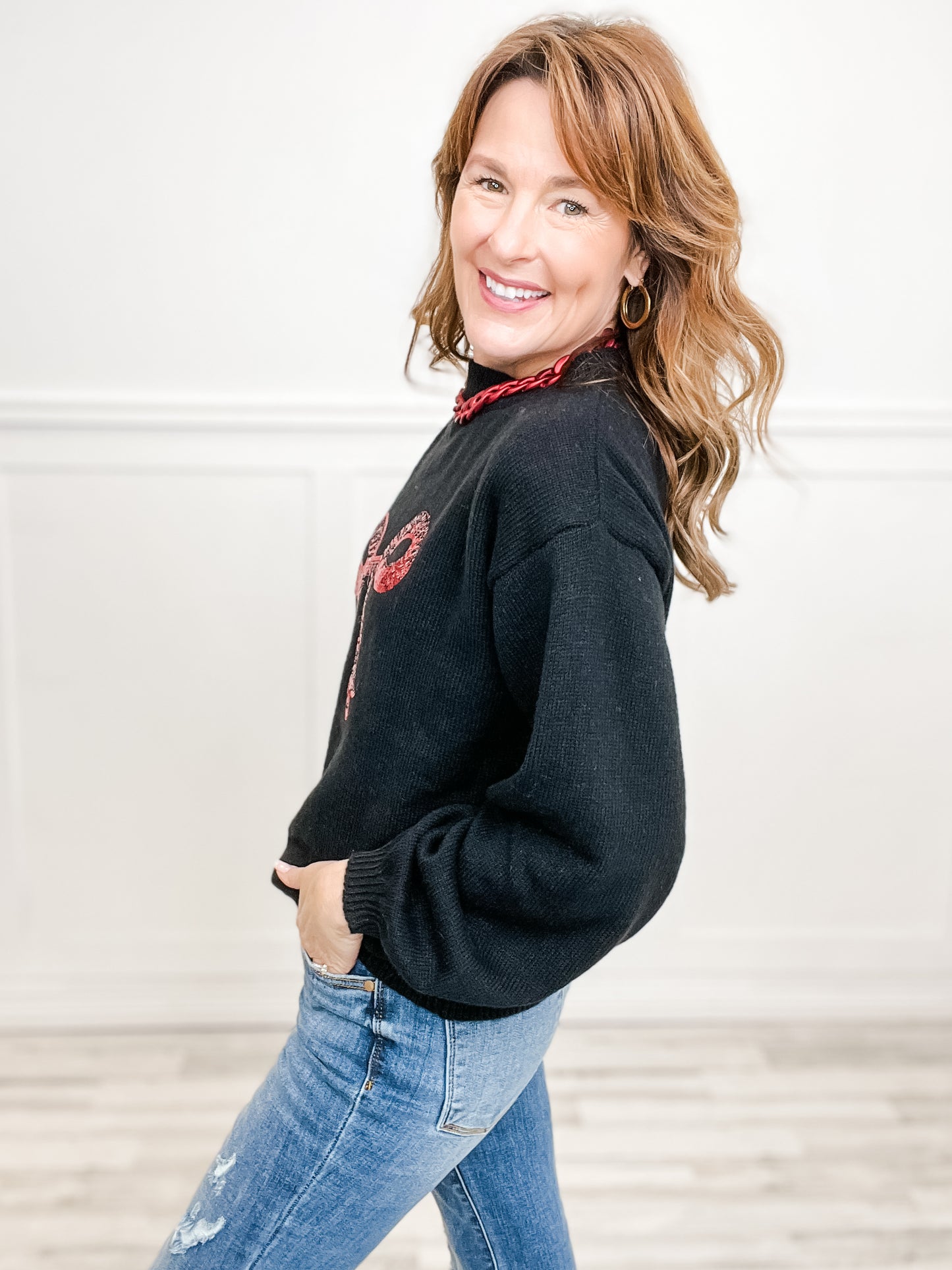 Sequin Ribbon Bow Embroidered Sweater Top