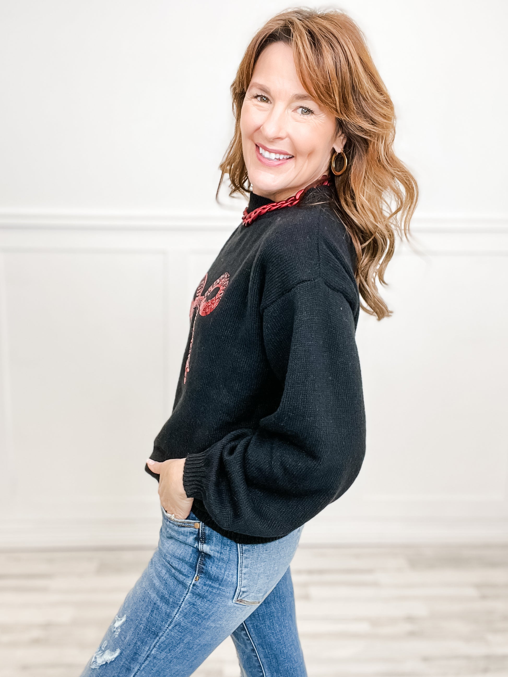 Sequin Ribbon Bow Embroidered Sweater Top