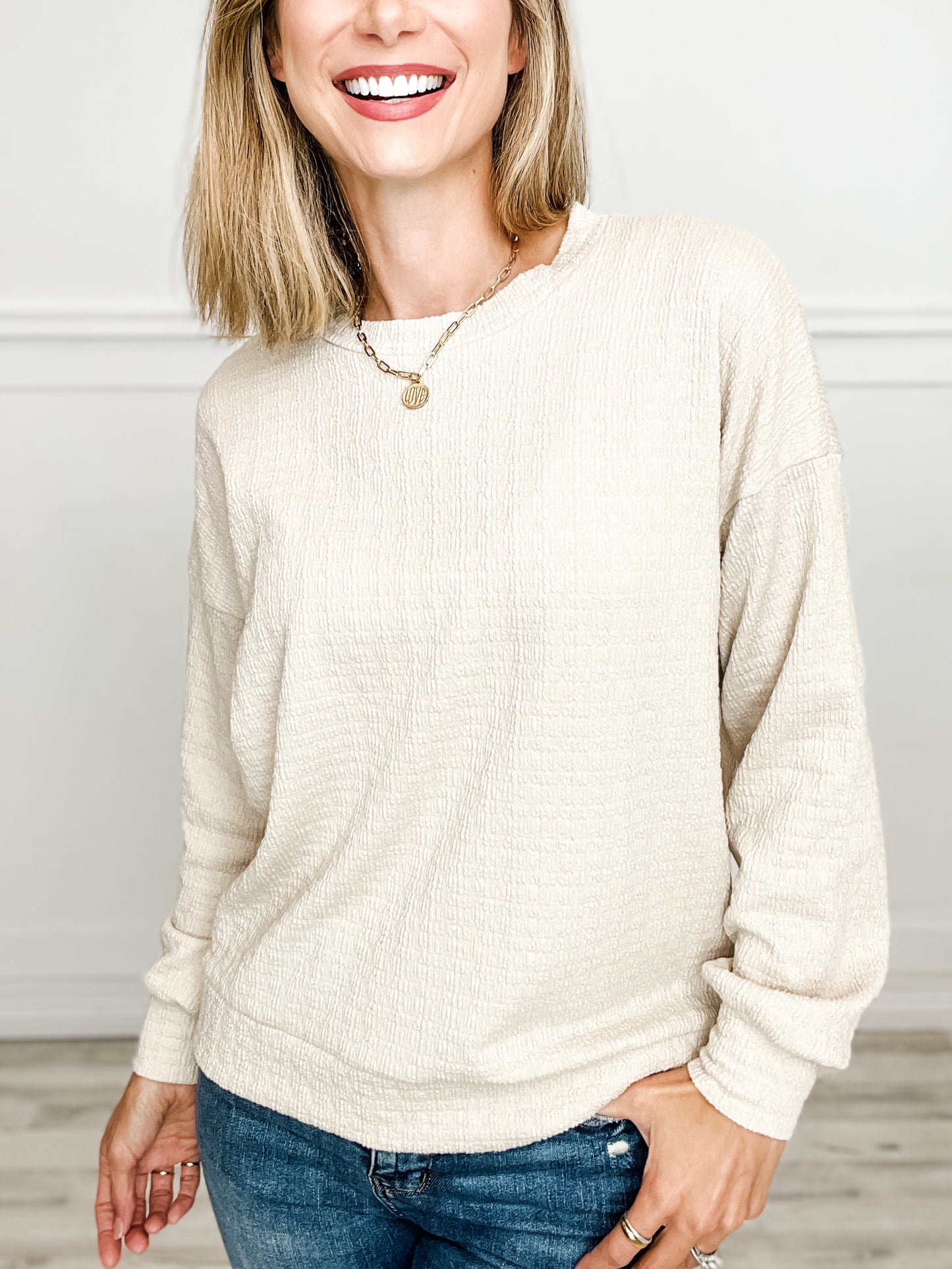 Crew Neck Long Sleeve Textured Knit Top