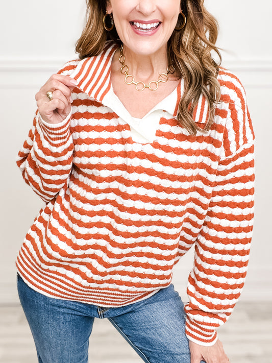 TEXTURE STRIPE COLLARED SWEATER TOP