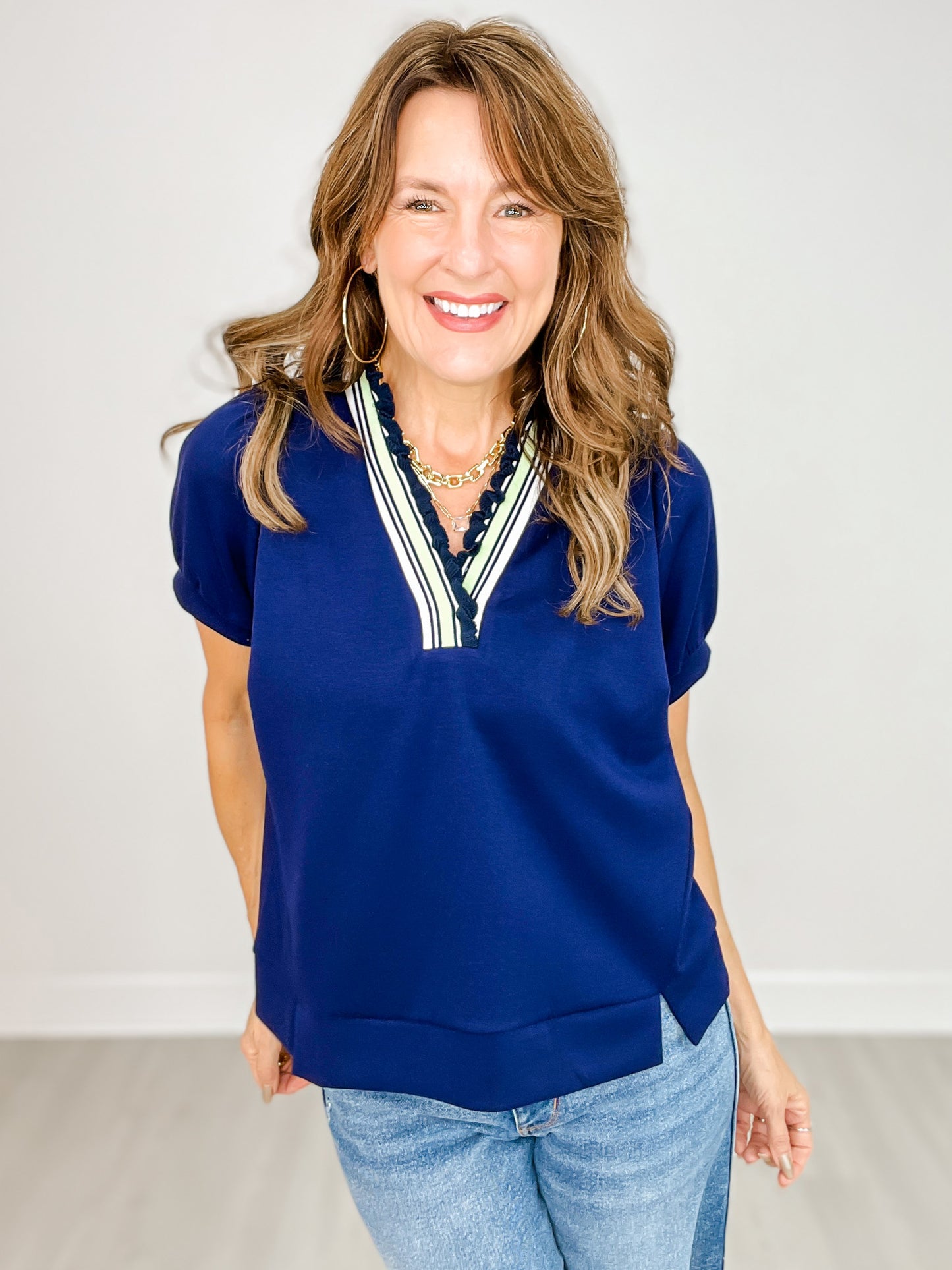 Short Sleeve Luxeknit Ruffle Trim V-Neck Top