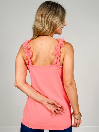 Strap Shoulder With Ruffled Solid Ribbed Top