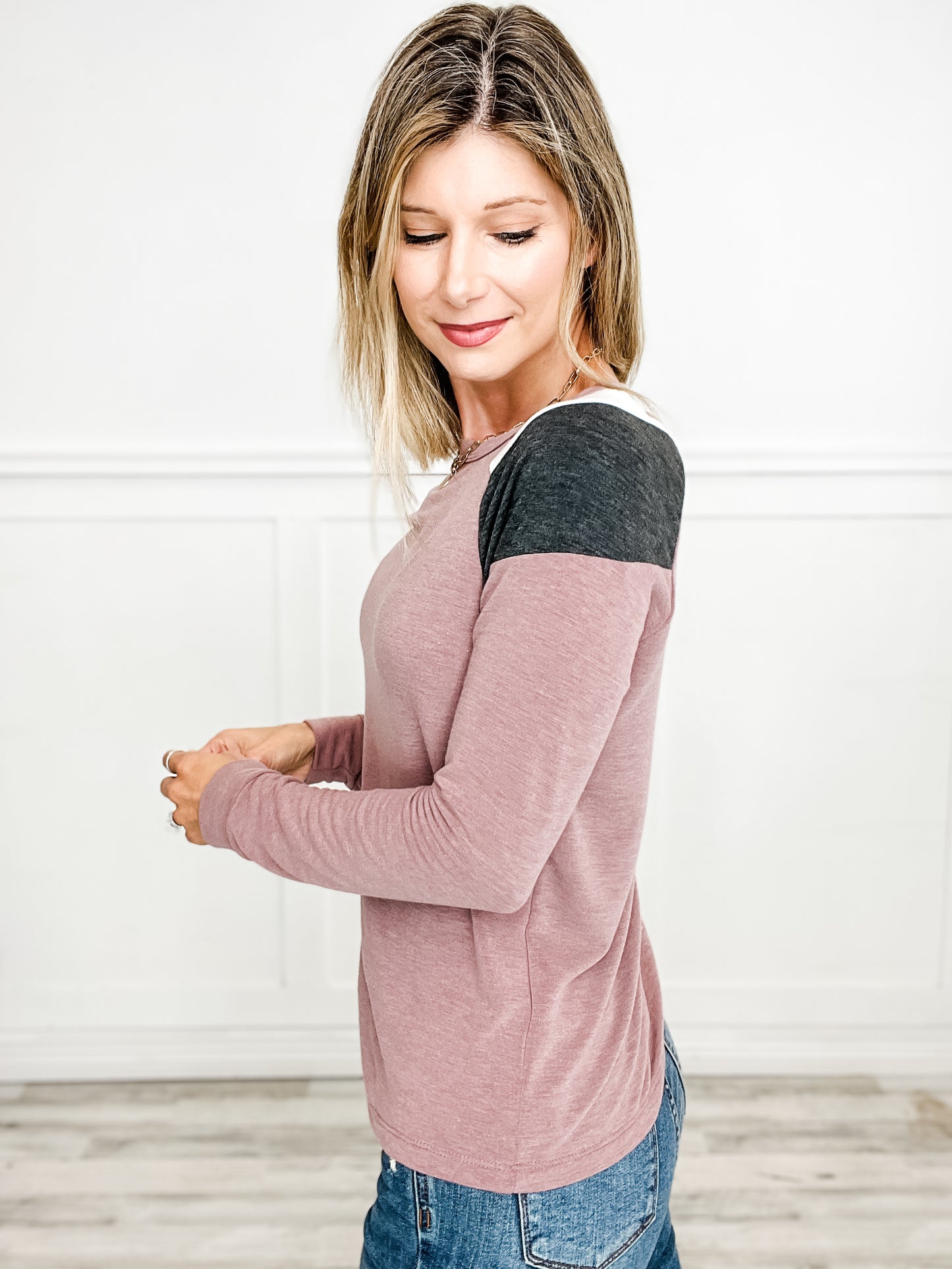 Colorblock Shoulder Detail Crew Neck Terry Top