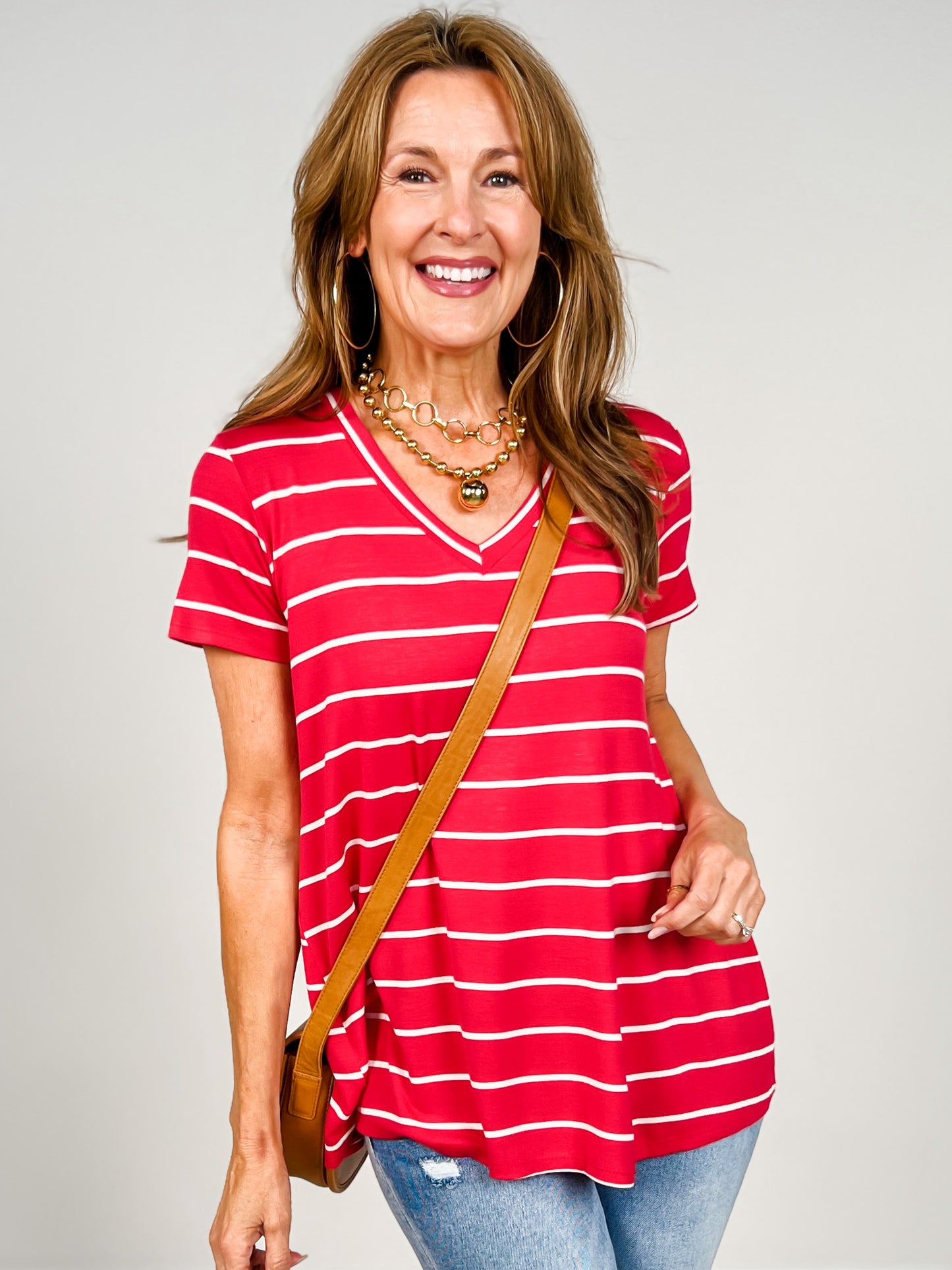 Short Sleeve Striped V-Neck Top
