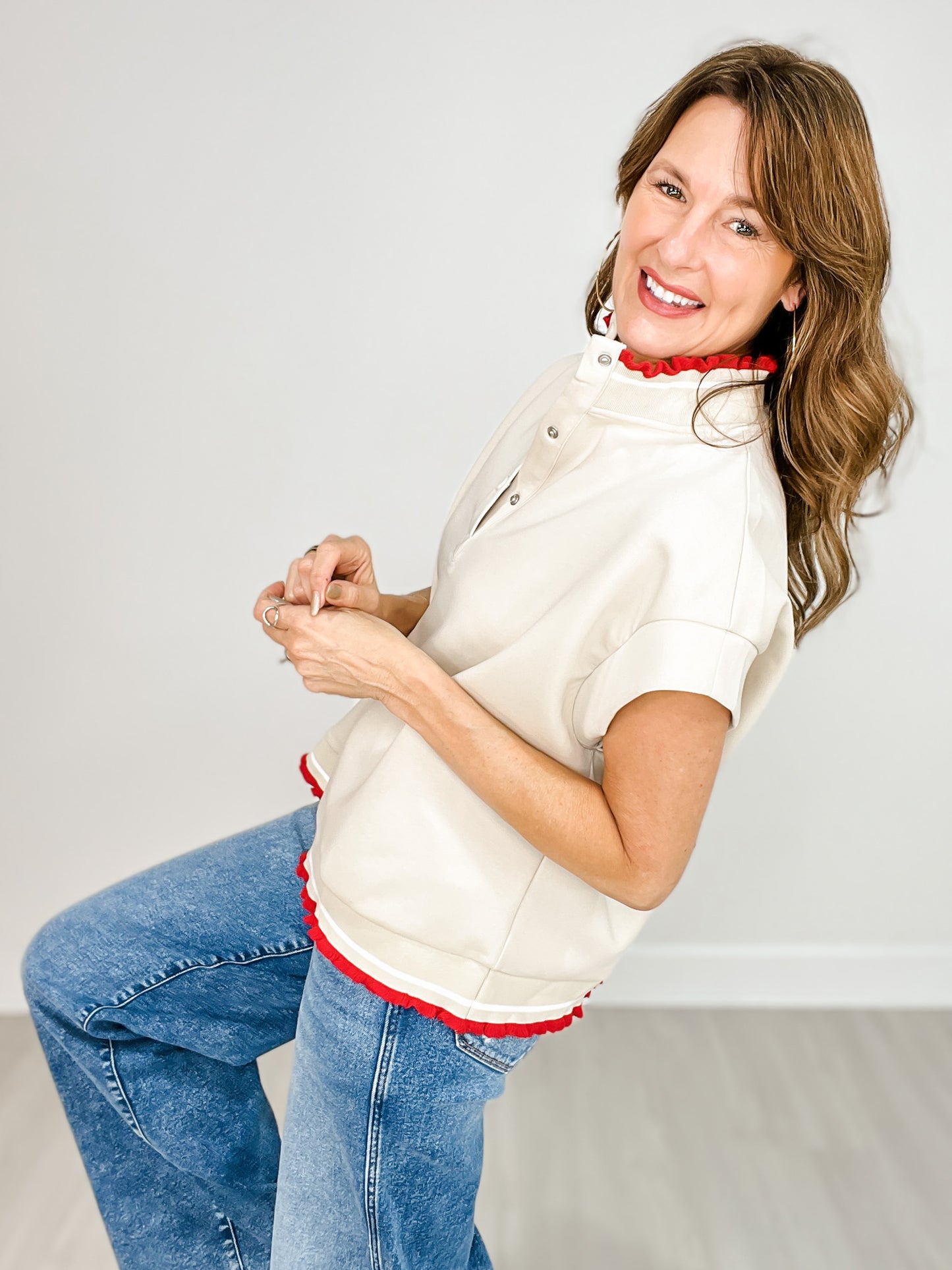 Cap Sleeve Luxeknit Ruffle Trim Snap Button Neckline Top